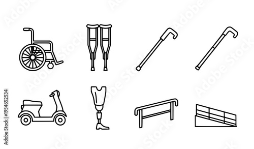 Black outline vector icon set of disability and mobility support including wheelchair, crutches, cane, and scooter