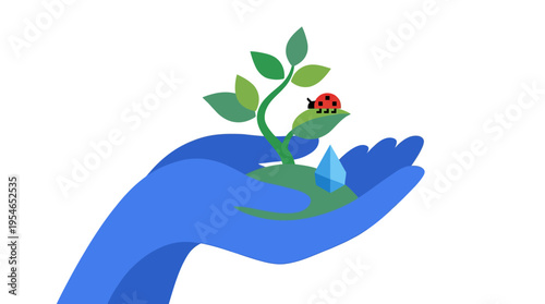 A blue hand cradling a small plant with a ladybug and water droplet, symbolizing care for nature and the environment.