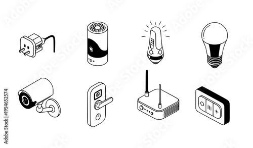 Isometric black-and-white vector set of smart home automation devices including smart plug, speaker, and thermostat