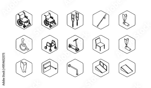 Isometric black outline vector icons of disability and mobility support including wheelchair, cane, and walker