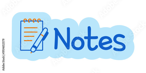 Notes hand drawn line sticker illustration. Notebook pen. Writing reminder. Journaling ideas. Digital planning clip art in doodle style. Colorful planner icon label. Bullet journal die cut element