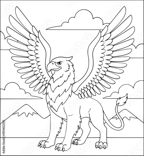 Griffin coloring page features a cute mythological beast with large wings