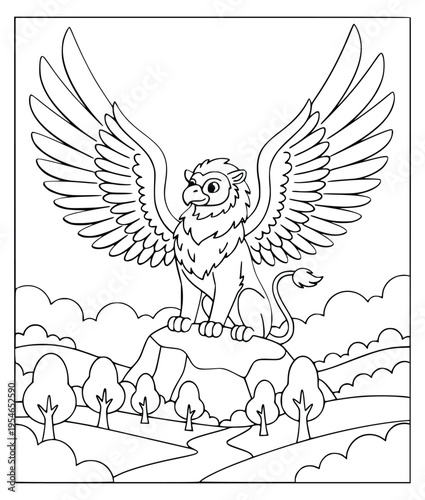 Gryphon coloring page features a cute mythical creature atop a mountain hill
