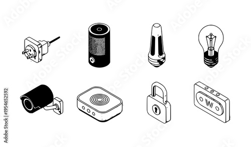 Isometric black-and-white vector set of smart home automation gadgets including plug, speaker, thermostat, and camera