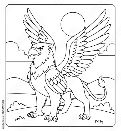 Gryphon coloring page features a noble mythical beast under a bright sun
