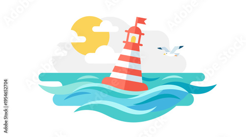 Flat vector illustration of a red and white striped lighthouse or buoy floating in blue wavy ocean water under a sunny sky with clouds and a flying seagull.