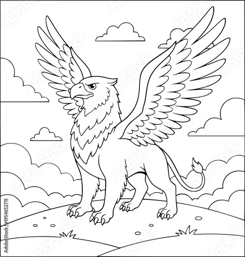 Gryphon coloring page features a majestic mythological beast with big wings