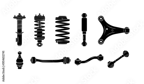 Black silhouette vector set of car suspension and chassis parts including strut, spring, shock, and control arm