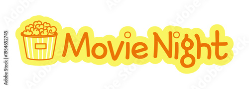 Movie night hand drawn line sticker illustration. Film evening. Relaxing weekend. Cinema popcorn. Digital planning clip art in doodle style. Colorful planner icon label. Bullet journal die cut element