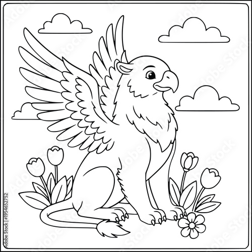  Gryphon coloring page features a cute mythical creature sitting among flowers