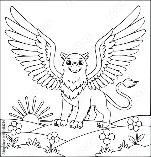 Gryphon coloring page depicts a cute mythical bird on a hill with flowers