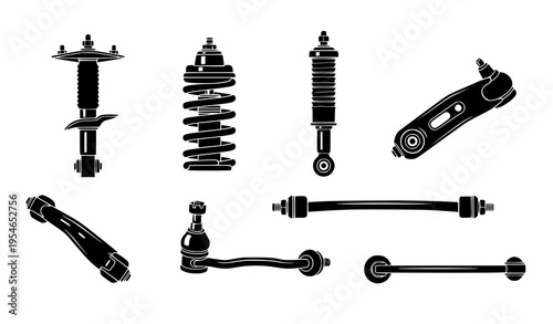 Car chassis and suspension parts black silhouette vector set with strut, shock absorber, springs, and control arm