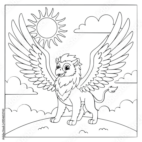 Gryphon coloring page features a happy mythological beast under a bright sun