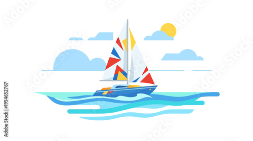 A flat design illustration of a colorful sailboat cruising on the ocean under a sunny sky with clouds, depicting a serene summer day.