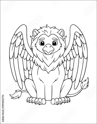 Gryphon coloring page features a cute mythological beast sitting on white