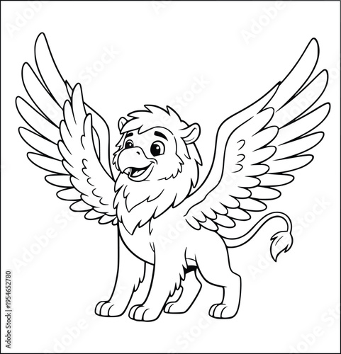 Gryphon coloring page features a cute mythological beast with open wings