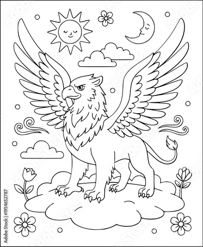  Gryphon coloring page features a mythical bird on a cloud with sun and moon