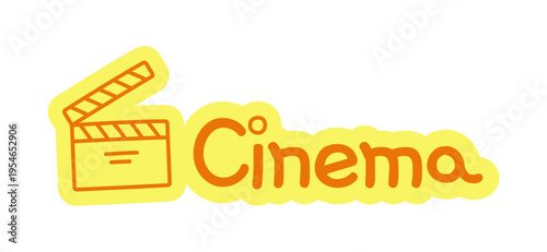 Cinema hand drawn line sticker illustration. Movie clapperboard. Theater visit. Film premiere. Digital planning clip art in doodle style. Colorful planner icon label. Bullet journal die cut element