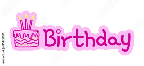 Birthday hand drawn line sticker illustration. Bday cake. Party celebration. Special event. Digital planning clip art in doodle style. Colorful planner icon label. Bullet journal die cut element