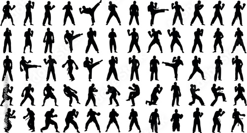Collection of martial arts silhouettes featuring karate kickboxing mma and boxing fighters in various combat poses stances kicks and striking positions