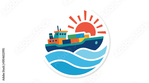 A vibrant, stylized illustration of a cargo ship sailing on blue waves with a bright orange sun in the background, all enclosed within a circular emblem.