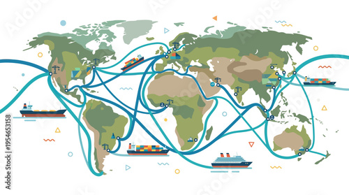 World map illustrating global shipping routes, cargo ships, and international trade logistics network.