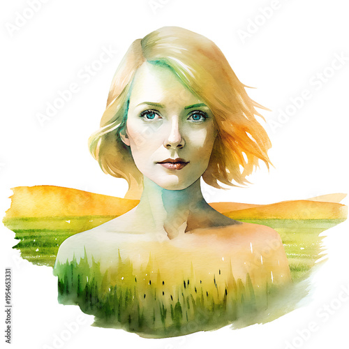 Double exposure portrait of a girl with fields and sunset in background showcasing nature and self-reflection