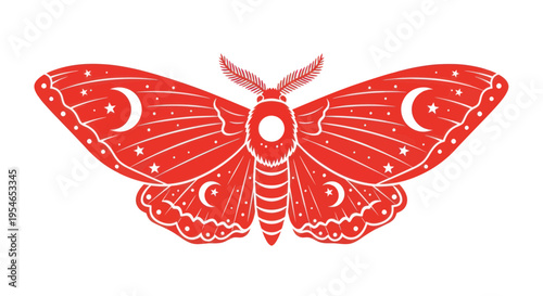 Mystical Red Moth with Celestial Symbols, Stars and Moon, Isolated
