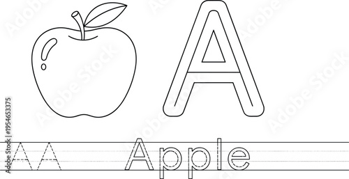 Alphabet letter A with apple educational worksheet minimal line art tracing practice vector illustration