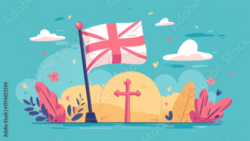 Vector illustration of England flag and cross on beach
