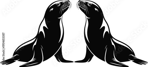 Two Sea Lion Silhouettes Facing Each Other, Marine Wildlife Vector Illustration, Elegant Ocean Mammal Design with Symmetrical Composition Isolated on Light Background