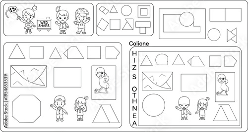 Color the shapes worksheet with sorting activities for kids minimal line art educational vector illustration
