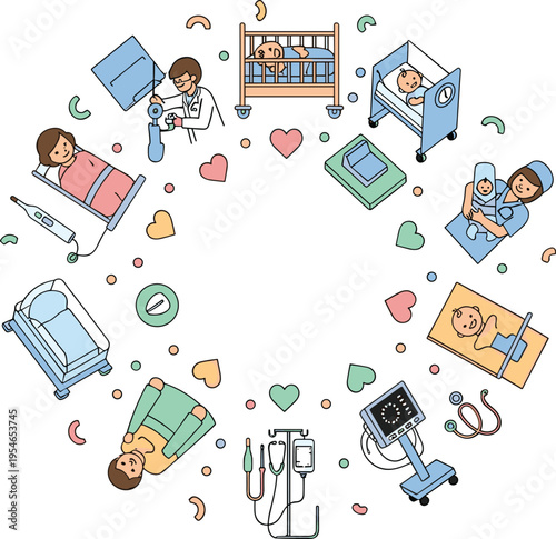 Baby Hospital Care Circular Frame with Newborn Medical Equipment Incubator Doctor Scenes and Healthcare Elements for Pediatric Illustration and Design.