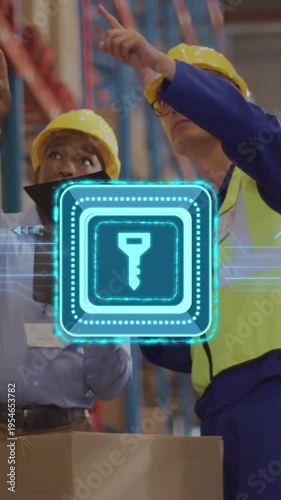 Vertical video: Holo key appearing over logistics crew pointing up, checking clipboard for stock