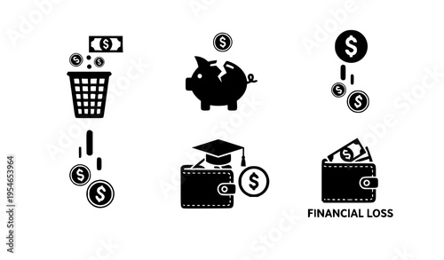 Waste money pictogram icons financial loss spending symbol vector set