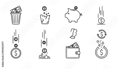 Financial loss waste money outline icons vector spending concept set