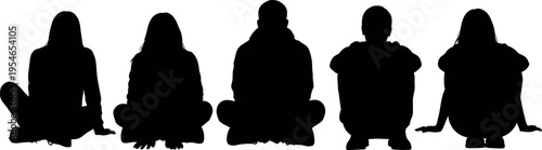 Silhouette of Diverse Young People Sitting on Floor in Row Five Friends Relaxing Together Group of Casual Men and Women