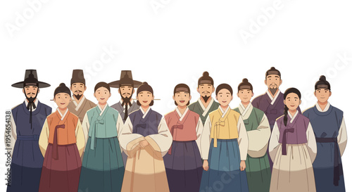 Diverse Korean People in Traditional Hanbok Attire, Historical Group Portrait