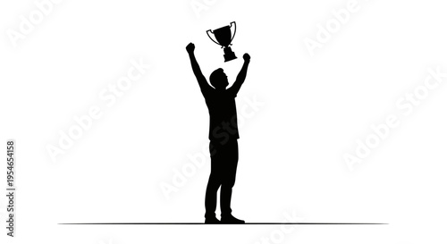 Silhouette of a triumphant person holding a trophy overhead, celebrating victory