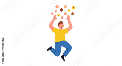 Joyful Man Jumping with Flowers, Happiness and Celebration Concept