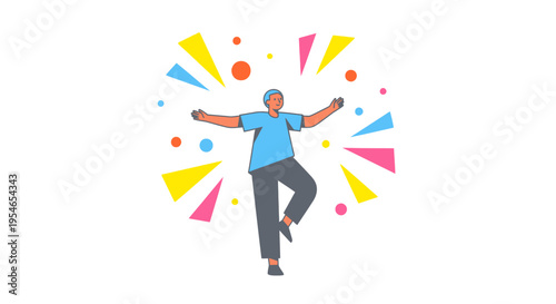 Joyful person celebrating with colorful abstract shapes and dots