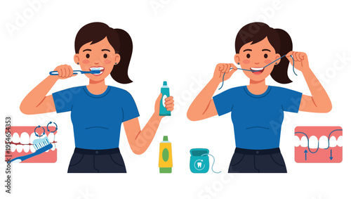 Woman brushing teeth with various oral care products.
