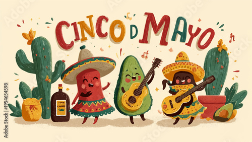 Cinco de Mayo vector illustration set with cartoon characters