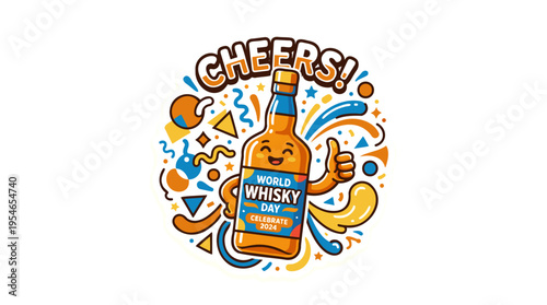 A cheerful cartoon whisky bottle giving a thumbs-up, surrounded by colorful confetti and swirls, celebrating World Whisky Day with a 'CHEERS!' message.