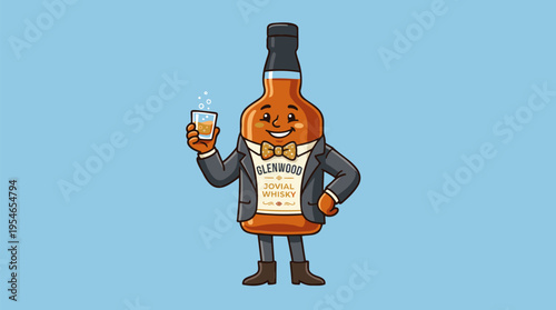 Cartoon whiskey bottle character wearing a suit and bow tie, holding a glass of bourbon with a happy expression.