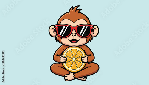 A cartoon monkey wearing sunglasses and holding a slice of orange fruit