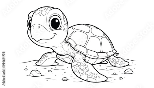 A cute cartoon sea turtle walking on the beach with a happy face