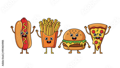 Cartoon fast food characters with smiling faces and raised hands