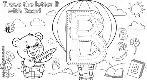 Trace letter B worksheet with bear and objects minimal line art educational vector illustration design