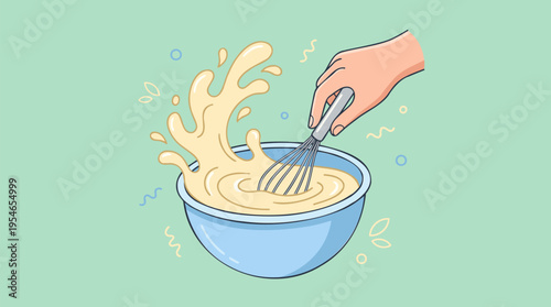 A hand vigorously whisking a creamy mixture in a blue bowl, creating a dynamic splash, set against a soft green background.
